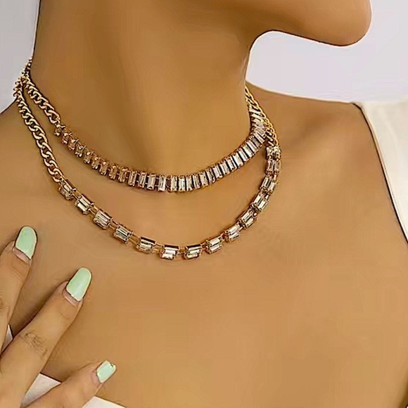 Gold Plated Diamond Baguette Multilayer Choker Necklace - Picture 1 of 8